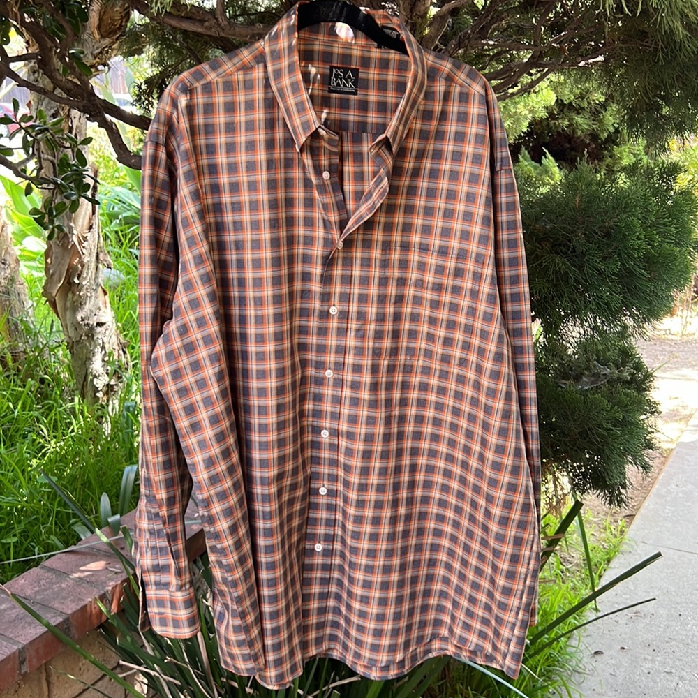 JoS A BANK Plaid Shirt with Orange and Gray Pattern Mens size XL